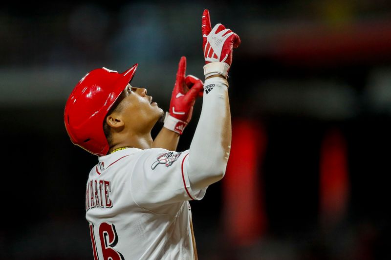 Sep 5, 2023; Cincinnati, Ohio, USA; Cincinnati Reds third baseman Noelvi Marte (16) reacts after hitting a solo home run in the sixth inning against the Seattle Mariners at Great American Ball Park. Mandatory Credit: Katie Stratman-USA TODAY Sports