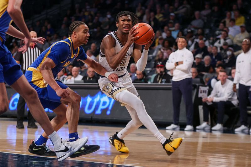 Jan 23, 2024; Atlanta, Georgia, USA; Georgia Tech Yellow Jackets guard Miles Kelly (13) drives to the basket against the Pittsburgh Panthers in the second half at McCamish Pavilion. Mandatory Credit: Brett Davis-USA TODAY Sports
