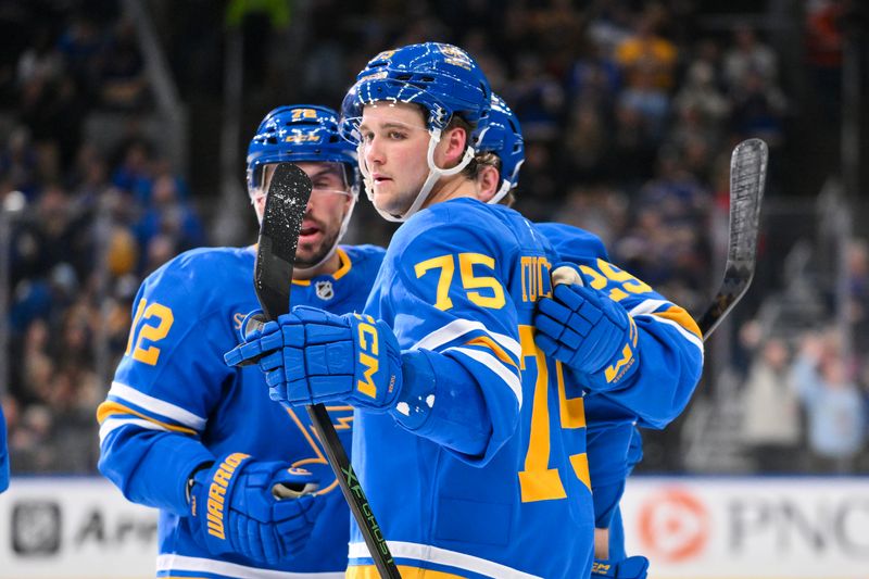 Jan 31, 2026; St. Louis, Missouri, USA; St. Louis Blues defenseman Tyler Tucker (75) is congratulated by teammates after scoring against the Columbus Blue Jackets during the second period at Enterprise Center. Mandatory Credit: Jeff Curry-Imagn Images
