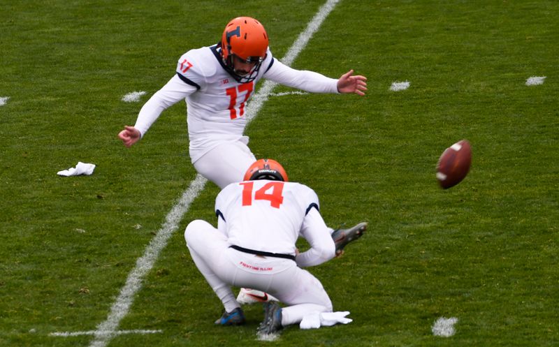 Dec 12, 2020; Evanston, Illinois, USA; Illinois Fighting Illini place kicker James McCourt (17) makes a field goal during the first half at Ryan Field. Mandatory Credit: David Banks-USA TODAY Sports