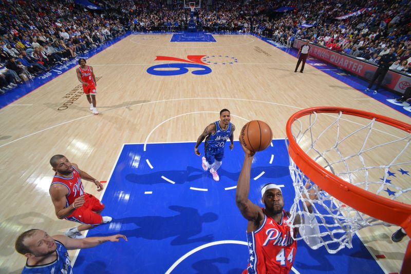 PHILADELPHIA, PA - APRIL 12: Paul Reed #44 of the Philadelphia 76ers shoots the ball during the game against the Orlando Magic on April 12, 2024 at the Wells Fargo Center in Philadelphia, Pennsylvania NOTE TO USER: User expressly acknowledges and agrees that, by downloading and/or using this Photograph, user is consenting to the terms and conditions of the Getty Images License Agreement. Mandatory Copyright Notice: Copyright 2024 NBAE (Photo by Jesse D. Garrabrant/NBAE via Getty Images)