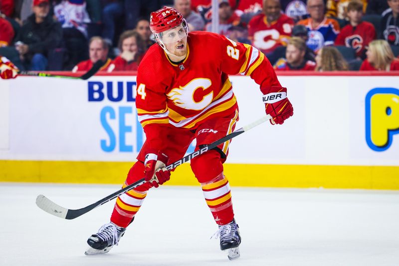 Oct 29, 2022; Calgary, Alberta, CAN; Calgary Flames right wing Brett Ritchie (24) skates against the Edmonton Oilers during the third period at Scotiabank Saddledome. Mandatory Credit: Sergei Belski-USA TODAY Sports