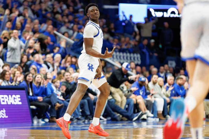 Feb 24, 2024; Lexington, Kentucky, USA; Kentucky Wildcats guard Adou Thiero (3) celebrates a three point basket during the second half at Rupp Arena at Central Bank Center. Mandatory Credit: Jordan Prather-USA TODAY Sports