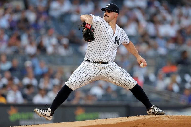 Jul 26, 2023; Bronx, New York, USA; New York Yankees starting pitcher Carlos Rodon (55) pitches against the New York Mets during the first inning at Yankee Stadium. Mandatory Credit: Brad Penner-USA TODAY Sports