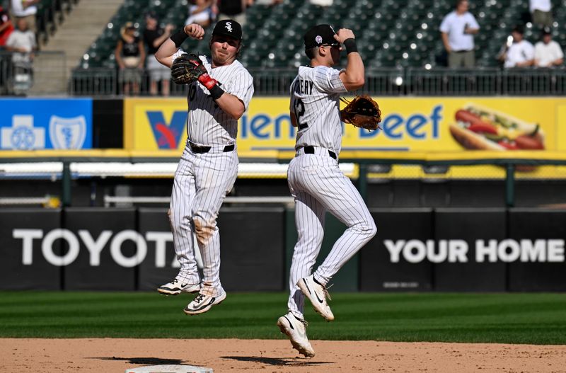 Sep 11, 2025; Chicago, Illinois, USA;  Chicago White Sox second baseman  Chase Meidroth (10) and  shortstop Colson Montgomery (12) after the game against the Tampa Bay Rays at Rate Field. Mandatory Credit: Matt Marton-Imagn Images