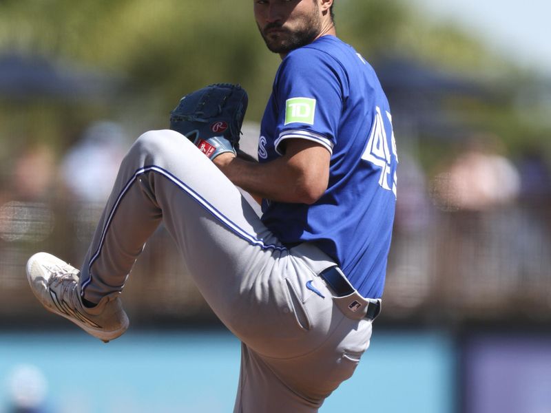 Mar 11, 2024; Port Charlotte, Florida, USA;  Toronto Blue Jays relief pitcher Mitch White (45) throws a pitch against the Tampa Bay Rays in the third inning at Charlotte Sports Park. Mandatory Credit: Nathan Ray Seebeck-USA TODAY Sports