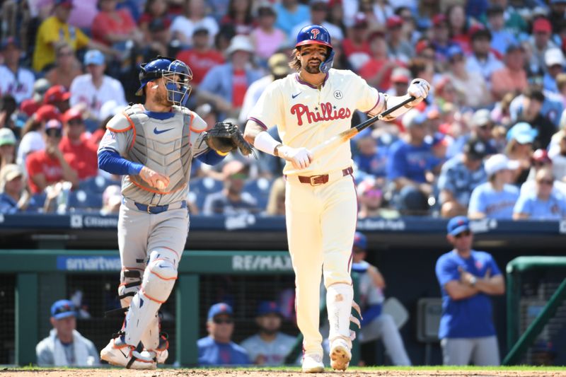 Sep 15, 2024; Philadelphia, Pennsylvania, USA; Philadelphia Phillies outfielder Nick Castellanos (8) reacts after striking out during the fourth inning against the New York Mets at Citizens Bank Park. Mandatory Credit: Eric Hartline-Imagn Images