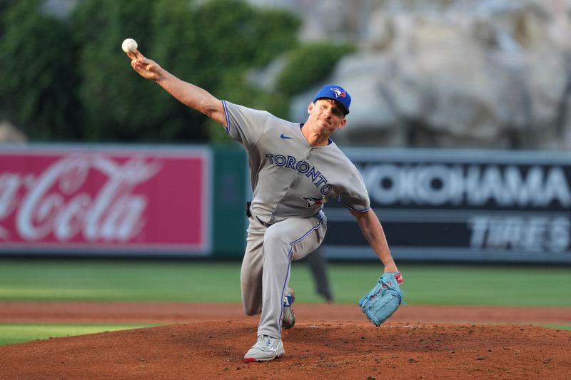 May 8, 2025; Anaheim, California, USA; Toronto Blue Jays starting pitcher Chris Bassitt (40) throws in the first inning against the Los Angeles Angels at Angel Stadium. Mandatory Credit: Kirby Lee-Imagn Images