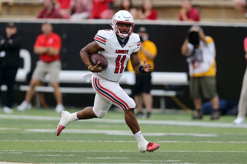 Sep 3, 2022; Hattiesburg, Mississippi, USA; Liberty Flames quarterback Johnathan Bennett (11) runs the ball against the Southern Miss Golden Eagles in the second quarter at M.M. Roberts Stadium. Mandatory Credit: Chuck Cook-USA TODAY Sports