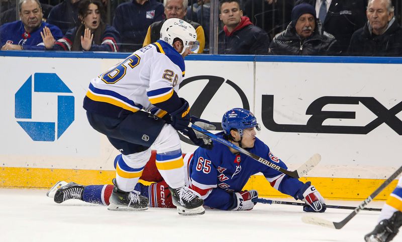 Nov 25, 2024; New York, New York, USA; New York Rangers left wing Brett Berard (65) is hit in the face by the stick of St. Louis Blues left wing Nathan Walker (26) during the second period at Madison Square Garden. Mandatory Credit: Danny Wild-Imagn Images