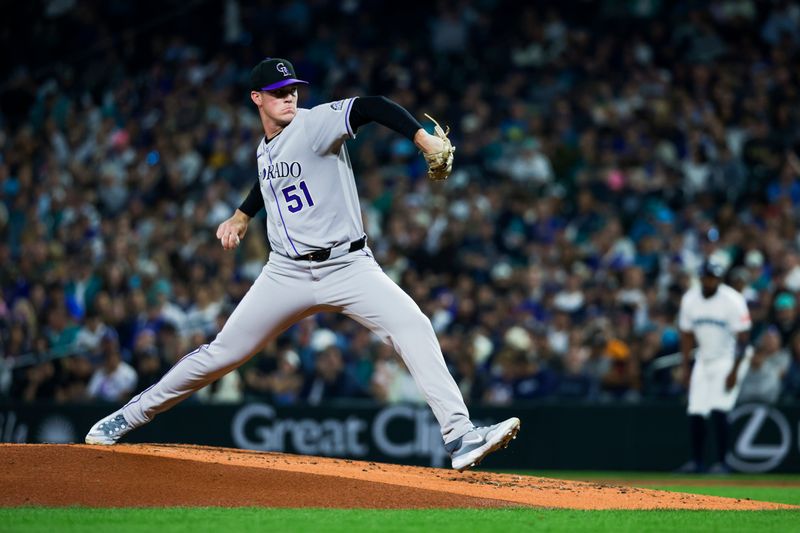 Sep 23, 2025; Seattle, Washington, USA; Colorado Rockies starting pitcher McCade Brown (51) throws against the Seattle Mariners during the third inning at T-Mobile Park. Mandatory Credit: Joe Nicholson-Imagn Images