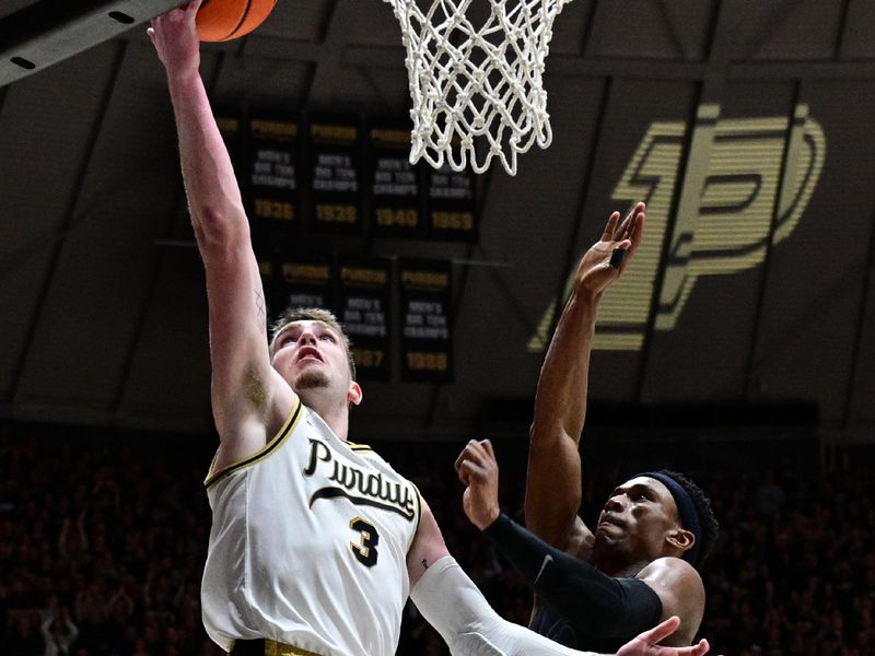 Mar 2, 2024; West Lafayette, Indiana, USA; Purdue Boilermakers guard Braden Smith (3) shoots the ball in front of Michigan State Spartans guard Tyson Walker (2) during the second half at Mackey Arena. Mandatory Credit: Marc Lebryk-USA TODAY Sports