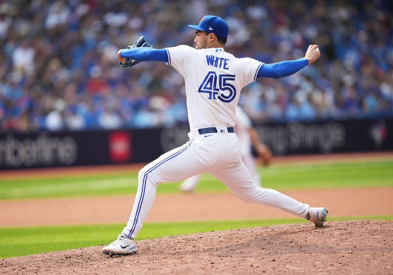 Jul 16, 2023; Toronto, Ontario, CAN; Toronto Blue Jays relief pitcher Mitch White (45) throws a pitch against the Arizona Diamondbacks during the ninth inning at Rogers Centre. Mandatory Credit: Nick Turchiaro-USA TODAY Sports