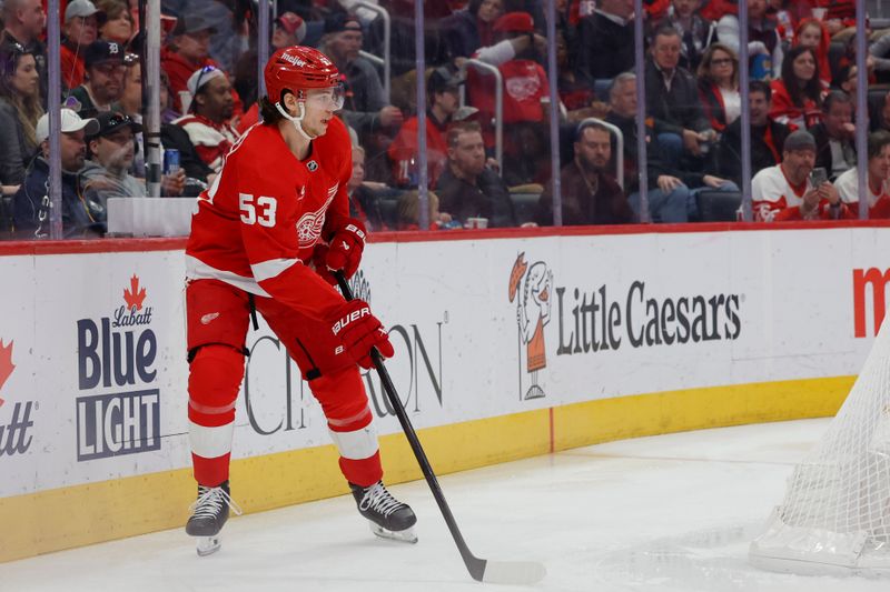 Apr 7, 2024; Detroit, Michigan, USA; Detroit Red Wings defenseman Moritz Seider (53) skates with the puck in the first period against the Buffalo Sabres at Little Caesars Arena. Mandatory Credit: Rick Osentoski-USA TODAY Sports