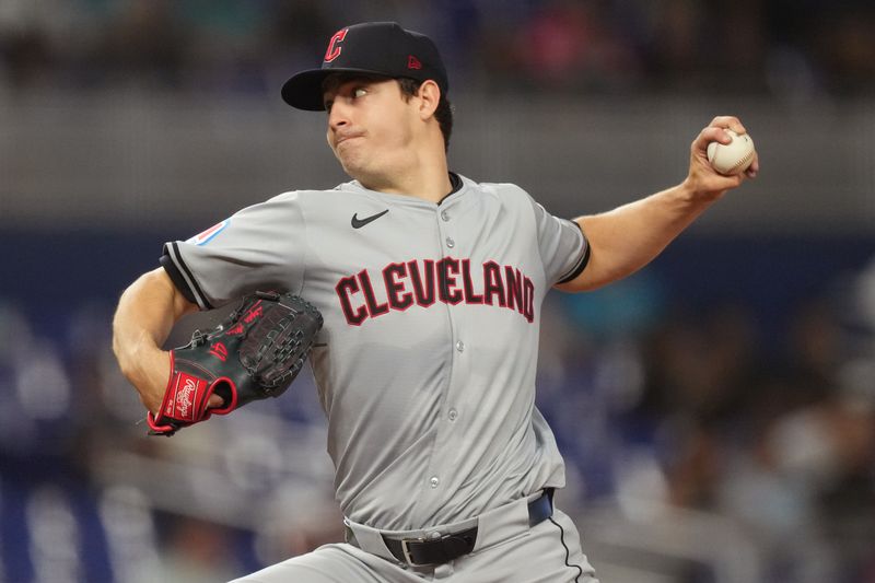 Jun 7, 2024; Miami, Florida, USA;  Cleveland Guardians starting pitcher Logan Allen (41) pitches in the first inning against the Miami Marlins at loanDepot Park. Mandatory Credit: Jim Rassol-USA TODAY Sports