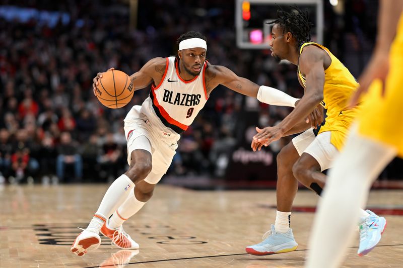 PORTLAND, OREGON - JANUARY 19: Jerami Grant #9 of the Portland Trail Blazers dribbles during the fourth quarter of the game against the Indiana Pacers at the Moda Center on January 19, 2024 in Portland, Oregon. The Portland Trail Blazers won 118-115. NOTE TO USER: User expressly acknowledges and agrees that, by downloading and or using this photograph, User is consenting to the terms and conditions of the Getty Images License Agreement. (Photo by Alika Jenner/Getty Images)