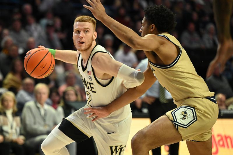 Feb 11, 2023; Winston-Salem, North Carolina, USA; Wake Forest Demon Deacons guard Cameron Hildreth (2) drives around Georgia Tech Yellow Jackets forward Jordan Meka (23) during the first half at Lawrence Joel Veterans Memorial Coliseum. Mandatory Credit: William Howard-USA TODAY Sports