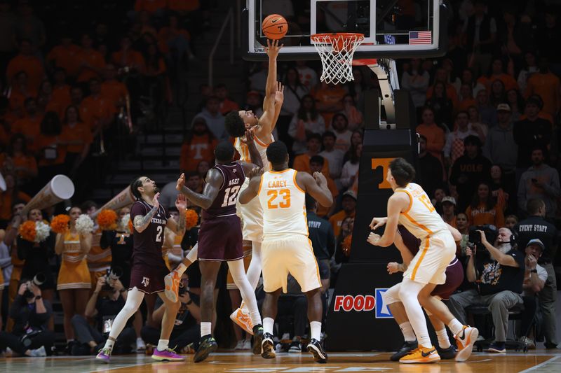 Jan 13, 2026; Knoxville, Tennessee, USA;  Tennessee Volunteers forward Nate Ament (10) scores a basket against the Texas A&M Aggies during overtime at Thompson-Boling Arena at Food City Center. Mandatory Credit: Randy Sartin-Imagn Images