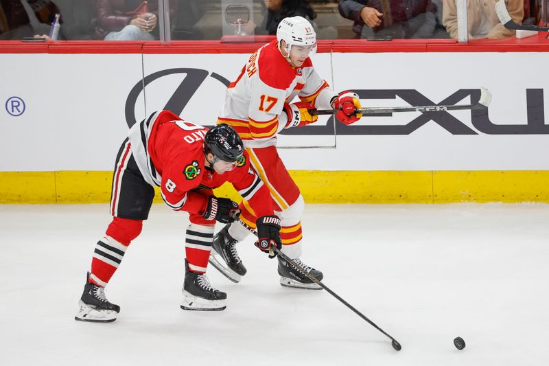 Mar 26, 2024; Chicago, Illinois, USA; Calgary Flames center Yegor Sharangovich (17) battles for the puck with Chicago Blackhawks center Ryan Donato (8) during the first period at United Center. Mandatory Credit: Kamil Krzaczynski-USA TODAY Sports