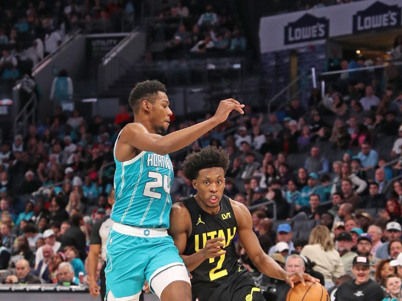 CHARLOTTE, NC - JANUARY 27: Colin Sexton #2 of the Utah Jazz dribbles the ball during the game against the Charlotte Hornets on January 27, 2024 at Spectrum Center in Charlotte, North Carolina. NOTE TO USER: User expressly acknowledges and agrees that, by downloading and or using this photograph, User is consenting to the terms and conditions of the Getty Images License Agreement.  Mandatory Copyright Notice:  Copyright 2024 NBAE (Photo by Brock Williams-Smith/NBAE via Getty Images)