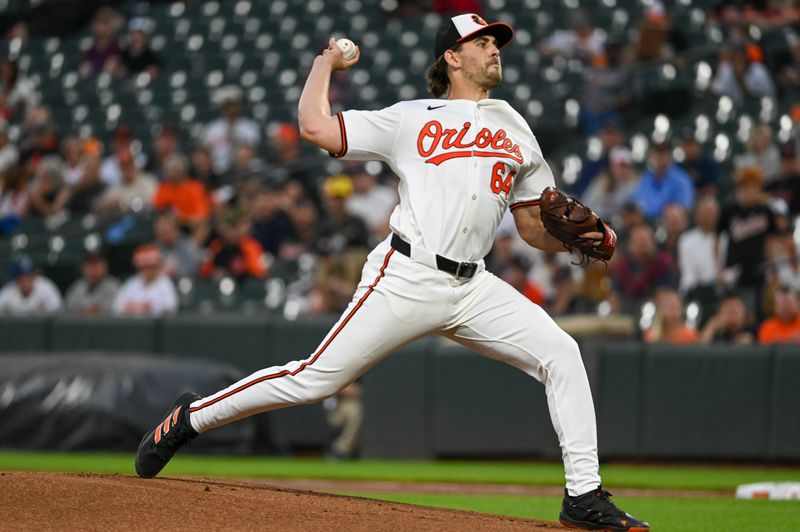 Sep 18, 2024; Baltimore, Maryland, USA;  Baltimore Orioles pitcher Dean Kremer (64) throws a twelfth inning pitch against the San Francisco Giants at Oriole Park at Camden Yards. Mandatory Credit: Tommy Gilligan-Imagn Images