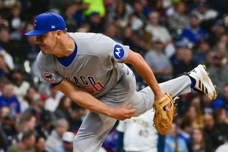 May 3, 2025; Milwaukee, Wisconsin, USA;  Chicago Cubs starting pitcher Jameson Taillon (50) throws a pitch in the first inning against the Milwaukee Brewers at American Family Field. Mandatory Credit: Benny Sieu-Imagn Images