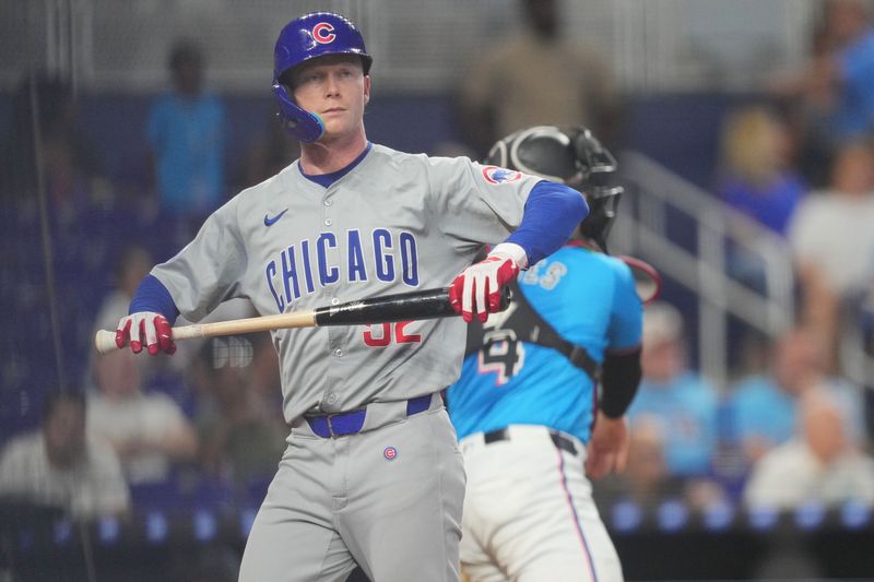 Aug 25, 2024; Miami, Florida, USA;  Chicago Cubs center fielder Pete Crow-Armstrong (52) strikes out in the seventh inning against the Miami Marlins at loanDepot Park. Mandatory Credit: Jim Rassol-USA TODAY Sports