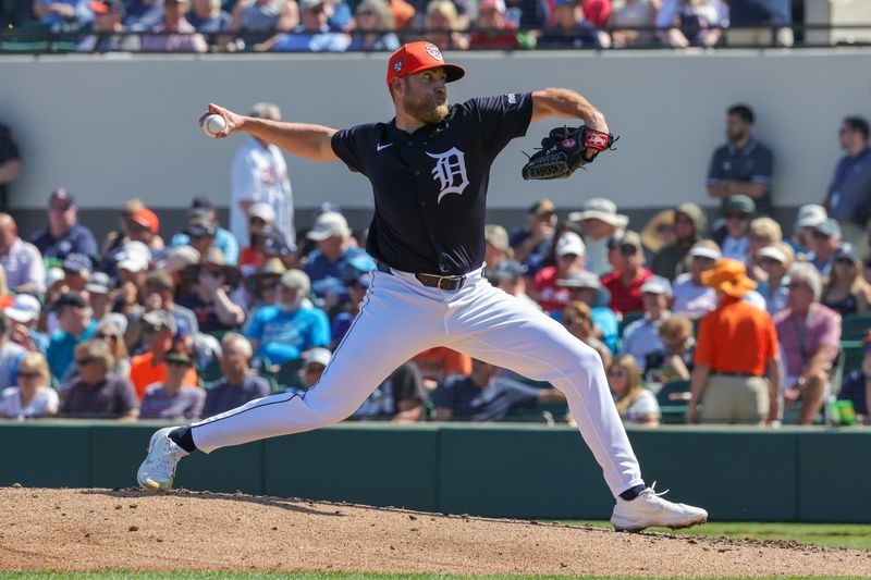 Feb 26, 2024; Lakeland, Florida, USA; Detroit Tigers relief pitcher Will Vest (19) pitches during the second inning against the Houston Astros at Publix Field at Joker Marchant Stadium. Mandatory Credit: Mike Watters-USA TODAY Sports