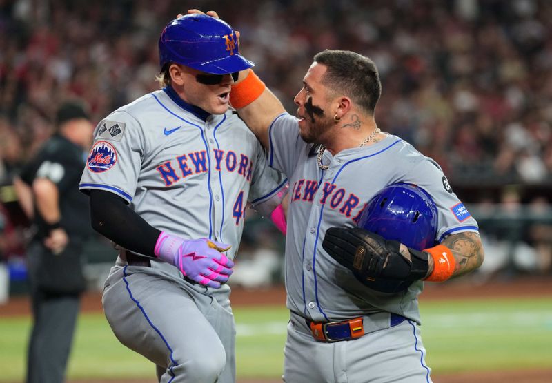 Aug 28, 2024; Phoenix, Arizona, USA; New York Mets outfielder Harrison Bader (44) celebrates with New York Mets catcher Francisco Alvarez (4) after hitting a two run home run against the Arizona Diamondbacks during the fifth inning at Chase Field. Mandatory Credit: Joe Camporeale-USA TODAY Sports