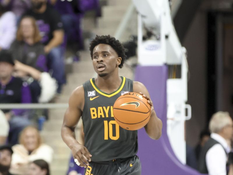 Feb 11, 2023; Fort Worth, Texas, USA;  Baylor Bears guard Adam Flagler (10) controls the ball during the second half against the TCU Horned Frogs at Ed and Rae Schollmaier Arena. Mandatory Credit: Kevin Jairaj-USA TODAY Sports