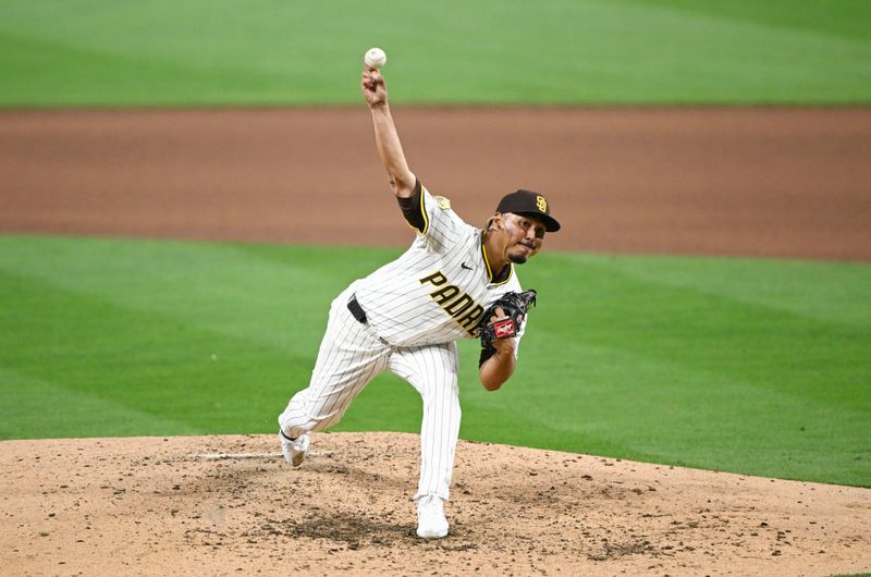 Jun 6, 2024; San Diego, California, USA; San Diego Padres relief pitcher Jeremiah Estrada (56) delivers during the seventh inning against the Arizona Diamondbacks at Petco Park. Mandatory Credit: Denis Poroy-USA TODAY Sports at Petco Park. 