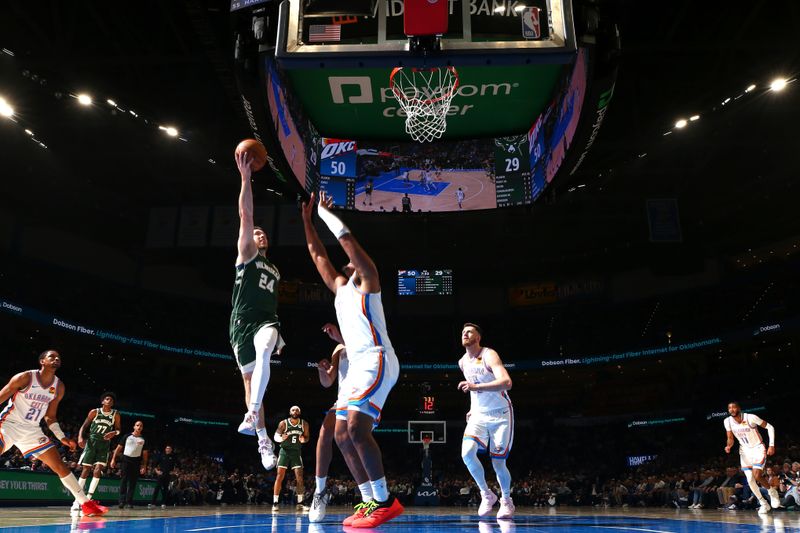 OKLAHOMA CITY, OK - FEBRUARY 3:  Pat Connaughton #24 of the Milwaukee Bucks shoots the ball during the game against the Oklahoma City Thunder on February 3, 2025 at Paycom Center in Oklahoma City, Oklahoma. NOTE TO USER: User expressly acknowledges and agrees that, by downloading and or using this photograph, User is consenting to the terms and conditions of the Getty Images License Agreement. Mandatory Copyright Notice: Copyright 2025 NBAE (Photo by Zach Beeker/NBAE via Getty Images)