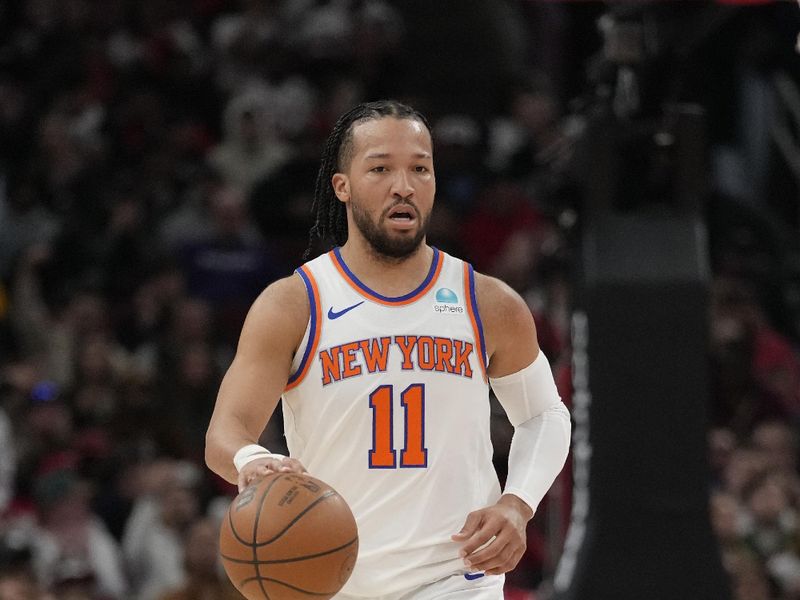 CHICAGO, ILLINOIS - APRIL 05: Jalen Brunson #11 of the New York Knicks dribbles the ball during the first half against the Chicago Bulls at the United Center on April 05, 2024 in Chicago, Illinois. NOTE TO USER: User expressly acknowledges and agrees that, by downloading and or using this photograph, User is consenting to the terms and conditions of the Getty Images License Agreement. (Photo by Patrick McDermott/Getty Images)