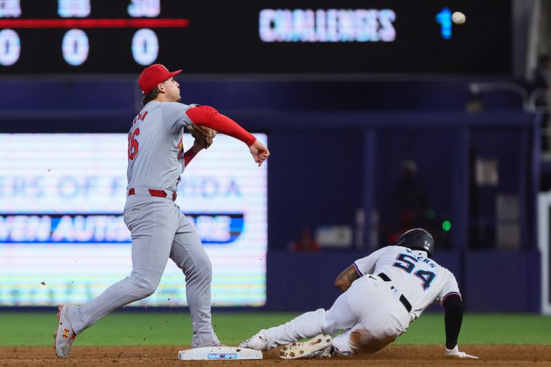 Jun 19, 2024; Miami, Florida, USA; St. Louis Cardinals second baseman Nolan Gorman (16) forces out Miami Marlins right fielder Dane Myers (54) at second base during the ninth inning at loanDepot Park. Mandatory Credit: Sam Navarro-USA TODAY Sports