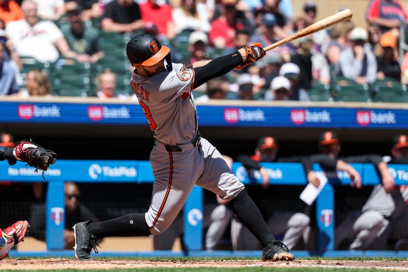 May 8, 2025; Minneapolis, Minnesota, USA; Baltimore Orioles catcher Maverick Handley (98) hits his first career base hit against the Minnesota Twins during the fourth inning at Target Field. Mandatory Credit: Matt Krohn-Imagn Images