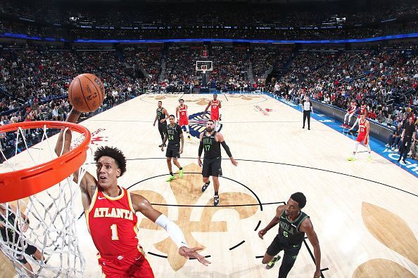 NEW ORLEANS, LA - NOVEMBER 4: Jalen Johnson #1 of the Atlanta Hawks dunks the ball during the game against the New Orleans Pelicans on November 4, 2023 at the Smoothie King Center in New Orleans, Louisiana. NOTE TO USER: User expressly acknowledges and agrees that, by downloading and or using this Photograph, user is consenting to the terms and conditions of the Getty Images License Agreement. Mandatory Copyright Notice: Copyright 2023 NBAE (Photo by Layne Murdoch Jr./NBAE via Getty Images)