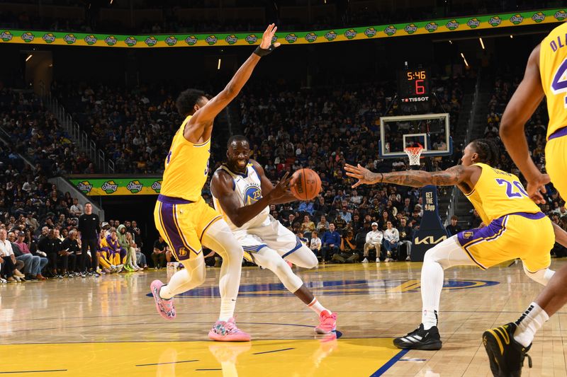 SAN FRANCISCO, CA - OCTOBER 18: Draymond Green #23 of the Golden State Warriors drives to the basket during the game against the Los Angeles Lakers during a NBA Preseason game on October 18, 2024 at Chase Center in San Francisco, California. NOTE TO USER: User expressly acknowledges and agrees that, by downloading and or using this photograph, user is consenting to the terms and conditions of Getty Images License Agreement. Mandatory Copyright Notice: Copyright 2024 NBAE (Photo by Noah Graham/NBAE via Getty Images)