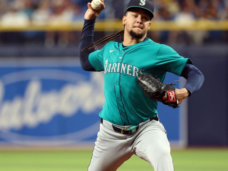 Jun 25, 2024; St. Petersburg, Florida, USA; Seattle Mariners pitcher Luis Castillo (58) pitches against the Tampa Bay Rays during the third inning at Tropicana Field. Mandatory Credit: Kim Klement Neitzel-USA TODAY Sports