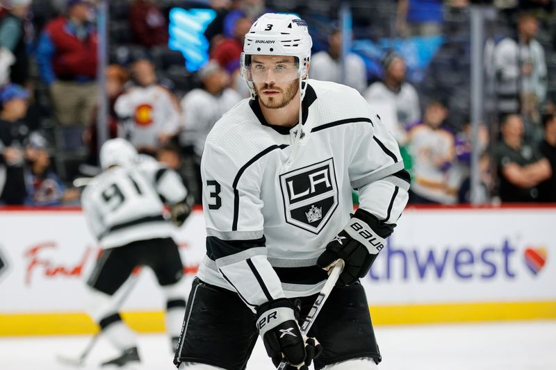 Jan 26, 2024; Denver, Colorado, USA; Los Angeles Kings defenseman Matt Roy (3) before the game against the Colorado Avalanche at Ball Arena. Mandatory Credit: Isaiah J. Downing-USA TODAY Sports