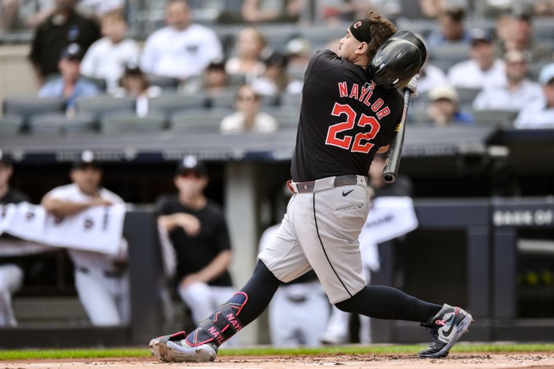 Aug 22, 2024; Bronx, New York, USA; Cleveland Guardians first baseman Josh Naylor (22) swings at a pitch during the first inning against the New York Yankees at Yankee Stadium. Mandatory Credit: John Jones-USA TODAY Sports