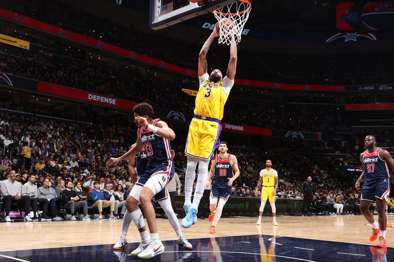 WASHINGTON, DC -? APRIL 3: Anthony Davis #3 of the Los Angeles Lakers dunks the ball during the game against the Washington Wizards on April 3, 2024 at Capital One Arena in Washington, DC. NOTE TO USER: User expressly acknowledges and agrees that, by downloading and or using this Photograph, user is consenting to the terms and conditions of the Getty Images License Agreement. Mandatory Copyright Notice: Copyright 2024 NBAE (Photo by Stephen Gosling/NBAE via Getty Images)