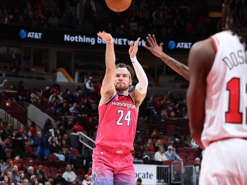 CHICAGO, IL - FEBRUARY 26: Corey Kispert #24 of the Washington Wizards shoots the ball during the game against the Chicago Bulls on February 26, 2023 at United Center in Chicago, Illinois. NOTE TO USER: User expressly acknowledges and agrees that, by downloading and or using this photograph, User is consenting to the terms and conditions of the Getty Images License Agreement. Mandatory Copyright Notice: Copyright 2023 NBAE (Photo by Jeff Haynes/NBAE via Getty Images)