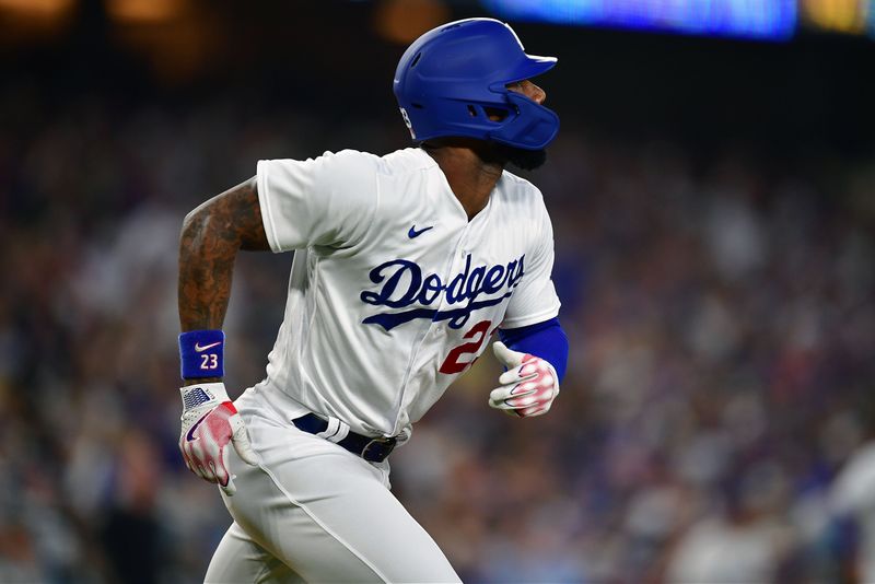 Jul 24, 2023; Los Angeles, California, USA; Los Angeles Dodgers right fielder Jason Heyward (23) runs after hitting a solo home run against the Toronto Blue Jays during the fourth inning at Dodger Stadium. Mandatory Credit: Gary A. Vasquez-USA TODAY Sports