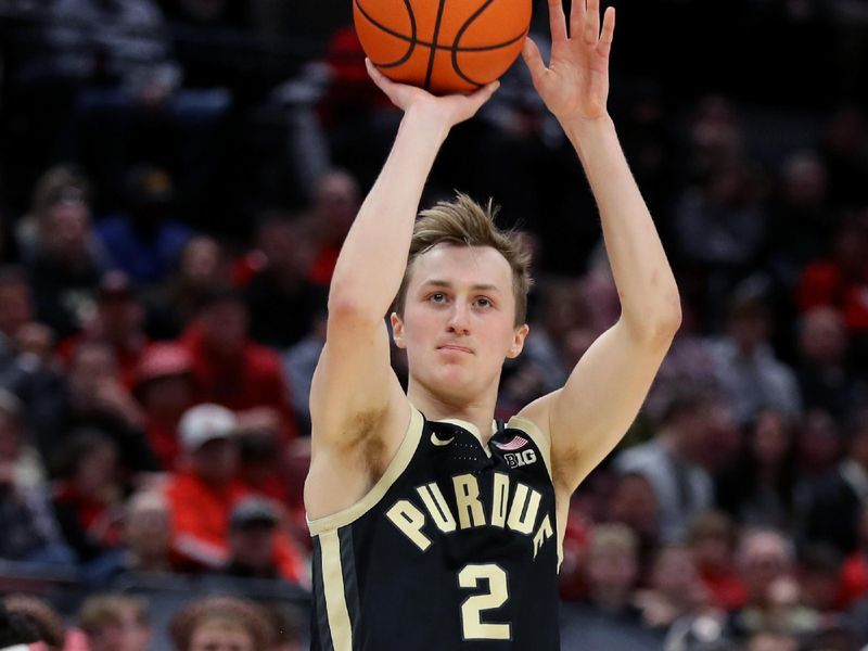 Feb 18, 2024; Columbus, Ohio, USA;  Purdue Boilermakers guard Fletcher Loyer (2) takes the shot during the first half against the Ohio State Buckeyes at Value City Arena. Mandatory Credit: Joseph Maiorana-USA TODAY Sports