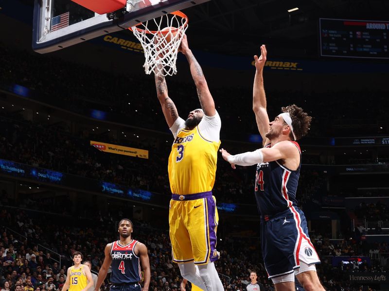 WASHINGTON, DC -? APRIL 3: Anthony Davis #3 of the Los Angeles Lakers dunks the ball during the game against the Washington Wizards on April 3, 2024 at Capital One Arena in Washington, DC. NOTE TO USER: User expressly acknowledges and agrees that, by downloading and or using this Photograph, user is consenting to the terms and conditions of the Getty Images License Agreement. Mandatory Copyright Notice: Copyright 2024 NBAE (Photo by Stephen Gosling/NBAE via Getty Images)