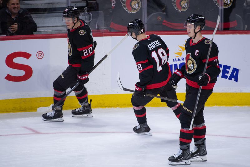 Dec 18, 2025; Ottawa, Ontario, CAN; Ottawa Senators left wing Brady Tkachuk (7) reacts after scoring an empty net goal in the third period against the Pittsburgh Penguins at the Canadian Tire Centre. Mandatory Credit: Marc DesRosiers-IMAGN Images