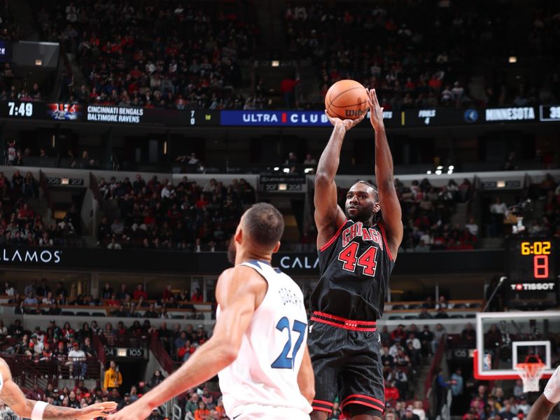 CHICAGO, IL - NOVEMBER 7: Patrick Williams #44 of the Chicago Bulls shoots the ball during the game against the Minnesota Timberwolves on November 7, 2024 at United Center in Chicago, Illinois. NOTE TO USER: User expressly acknowledges and agrees that, by downloading and or using this photograph, User is consenting to the terms and conditions of the Getty Images License Agreement. Mandatory Copyright Notice: Copyright 2024 NBAE (Photo by Jeff Haynes/NBAE via Getty Images)