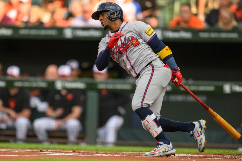 Jun 12, 2024; Baltimore, Maryland, USA; Atlanta Braves second base Ozzie Albies (1) hits a single during the eighth inning against the Baltimore Orioles at Oriole Park at Camden Yards. Mandatory Credit: Reggie Hildred-USA TODAY Sports