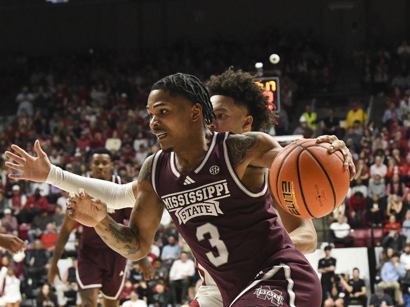 Feb 3, 2024; Tuscaloosa, Alabama, USA; Mississippi State guard Shakeel Moore (3) drives along the baseline and is defended by Alabama guard Mark Sears (1) at Coleman Coliseum. Mandatory Credit: Gary Cosby Jr.-USA TODAY Sports