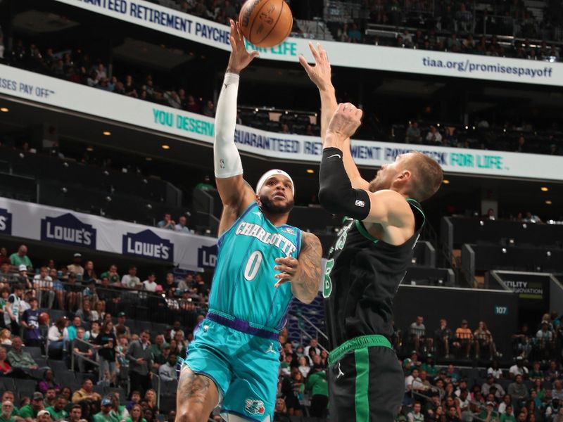 CHARLOTTE, NC - APRIL 1: Miles Bridges #0 of the Charlotte Hornets shoots the ball during the game against the Boston Celtics on April 1, 2024 at Spectrum Center in Charlotte, North Carolina. NOTE TO USER: User expressly acknowledges and agrees that, by downloading and or using this photograph, User is consenting to the terms and conditions of the Getty Images License Agreement. Mandatory Copyright Notice: Copyright 2024 NBAE (Photo by Kent Smith/NBAE via Getty Images)